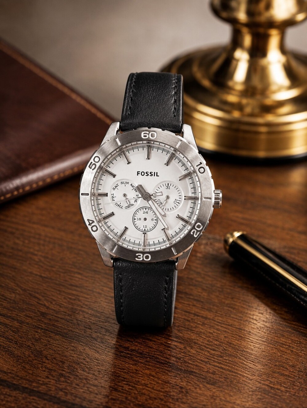 Fossil Men's Black Leather Strap Chronograph Watch - White Dial Missing Hands